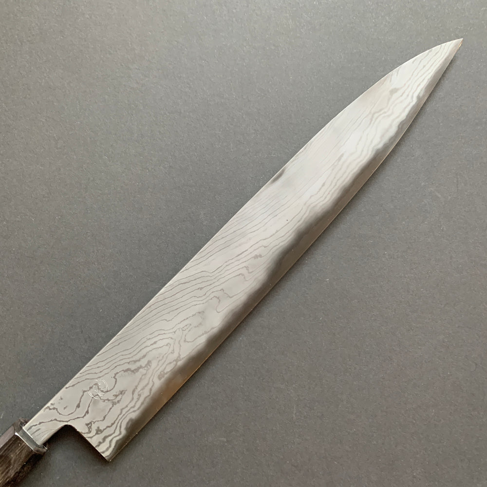 Sujihiki knife, Aogami Super carbon steel with iron cladding, wave shaped Damascus finish, honwarikomi construction - Miyazaki