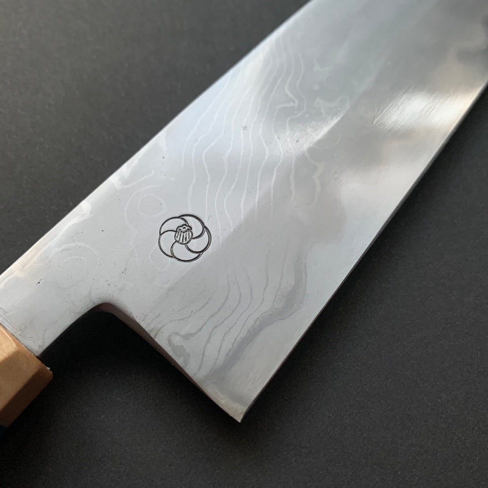 Sujihiki knife, Aogami 2 carbon steel with iron cladding, wave shaped Damascus finish, honwarikomi construction - Miyazaki