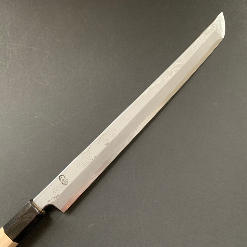 Sakimaru Yanagiba Knife, Aogami 1 with iron cladding, Damascus finish, Kikuzuki Uzu range - Sakai Kikumori