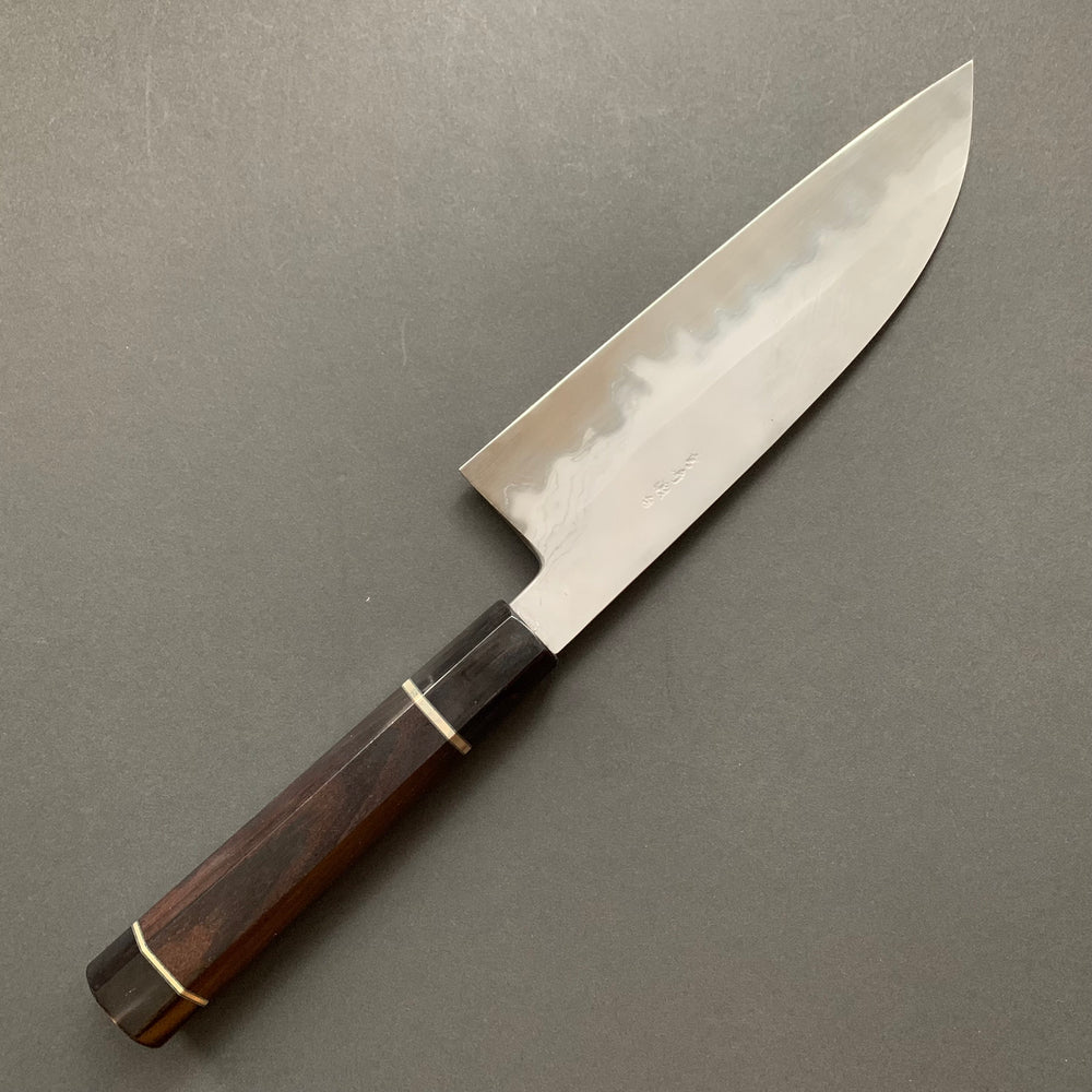 Santoku knife, Aogami 2 carbon steel with super soft iron cladding, Damascus finish, honwarikomi construction - Miyazaki