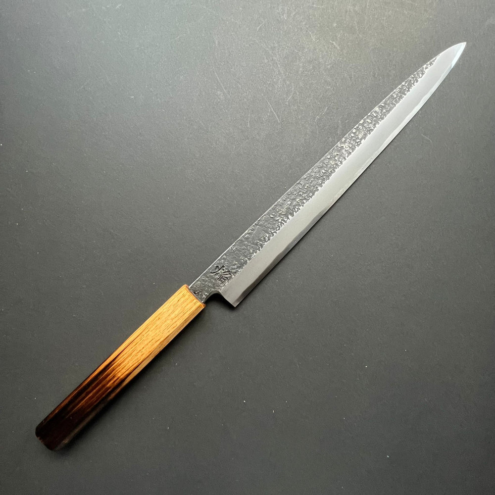 Yanagiba knife, Aogami 2 carbon steel with iron cladding, Kurouchi and Tsuchime finish, Homura series - Sakai Takayuki