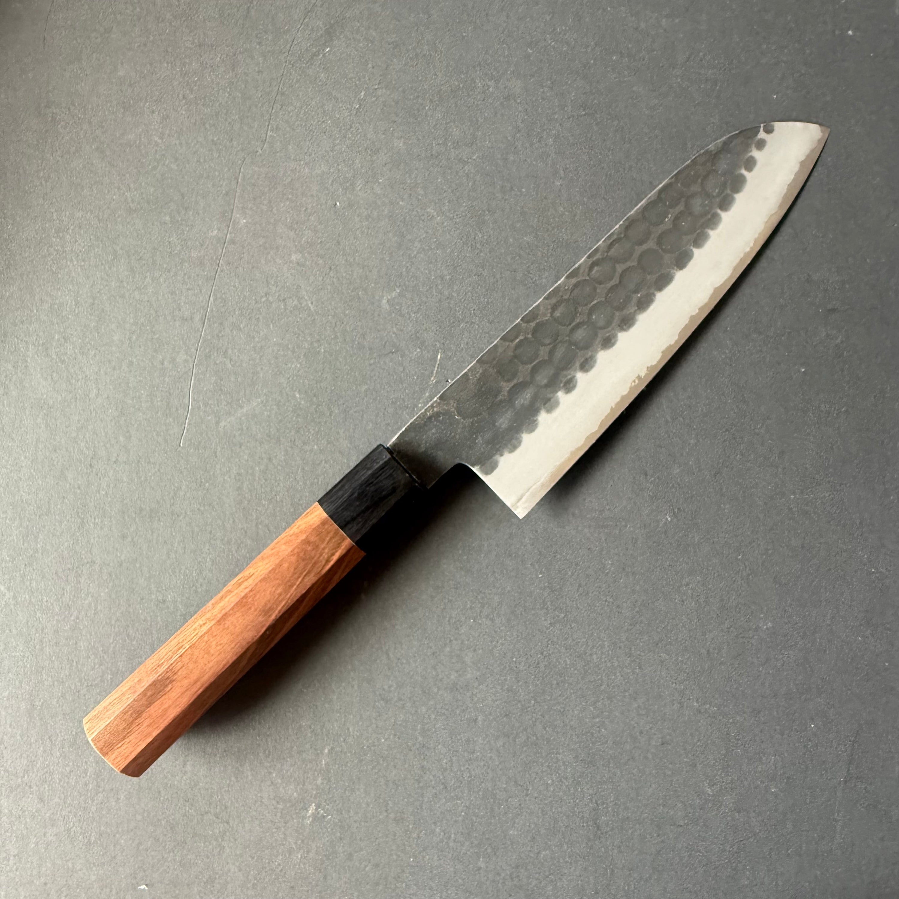Santoku knife, Aogami Super with stainless steel cladding, Kurouchi Tsuchime finish - Mutsumi Hinoura