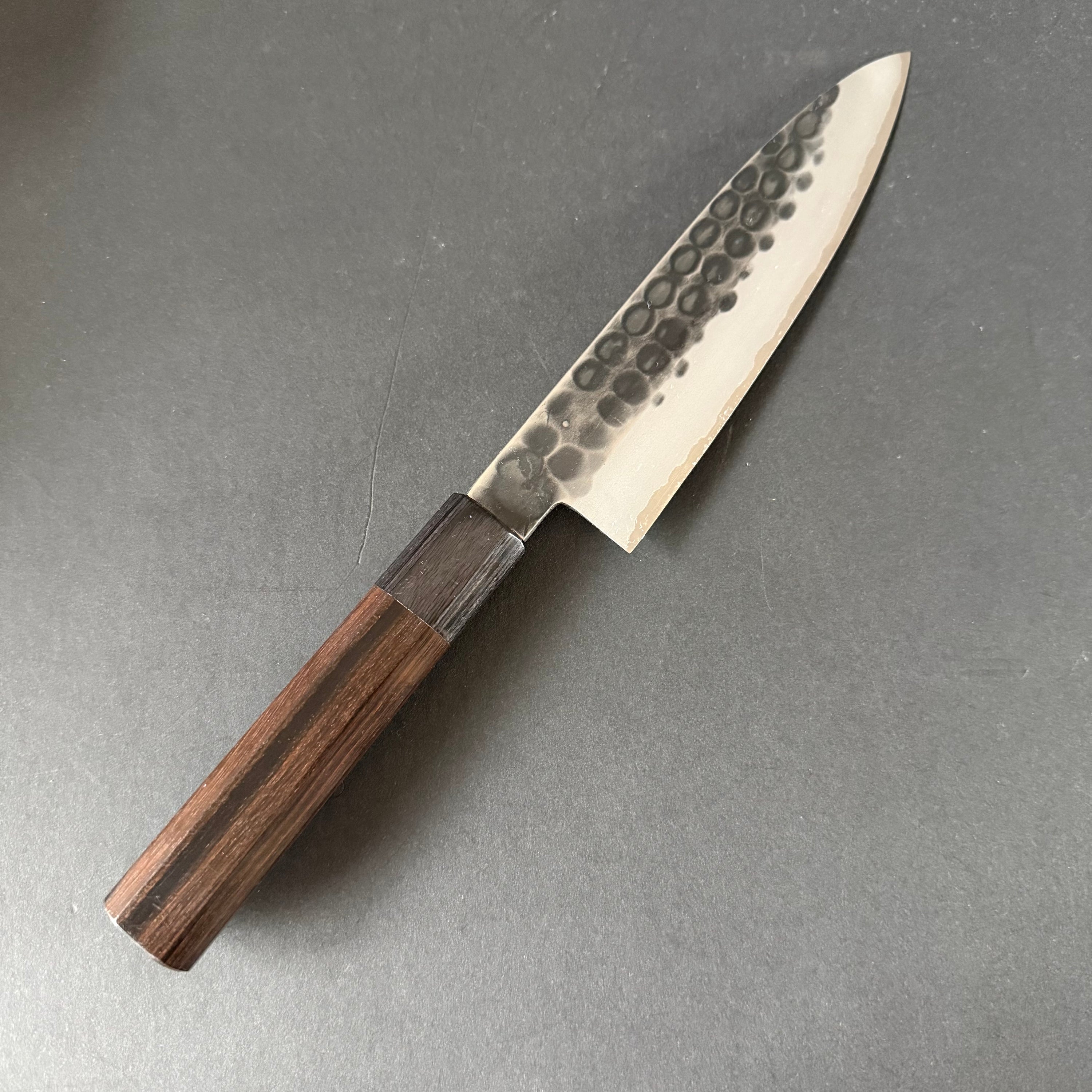 Petty knife, Aogami Super with stainless steel cladding, Kurouchi Tsuchime finish - Mutsumi Hinoura