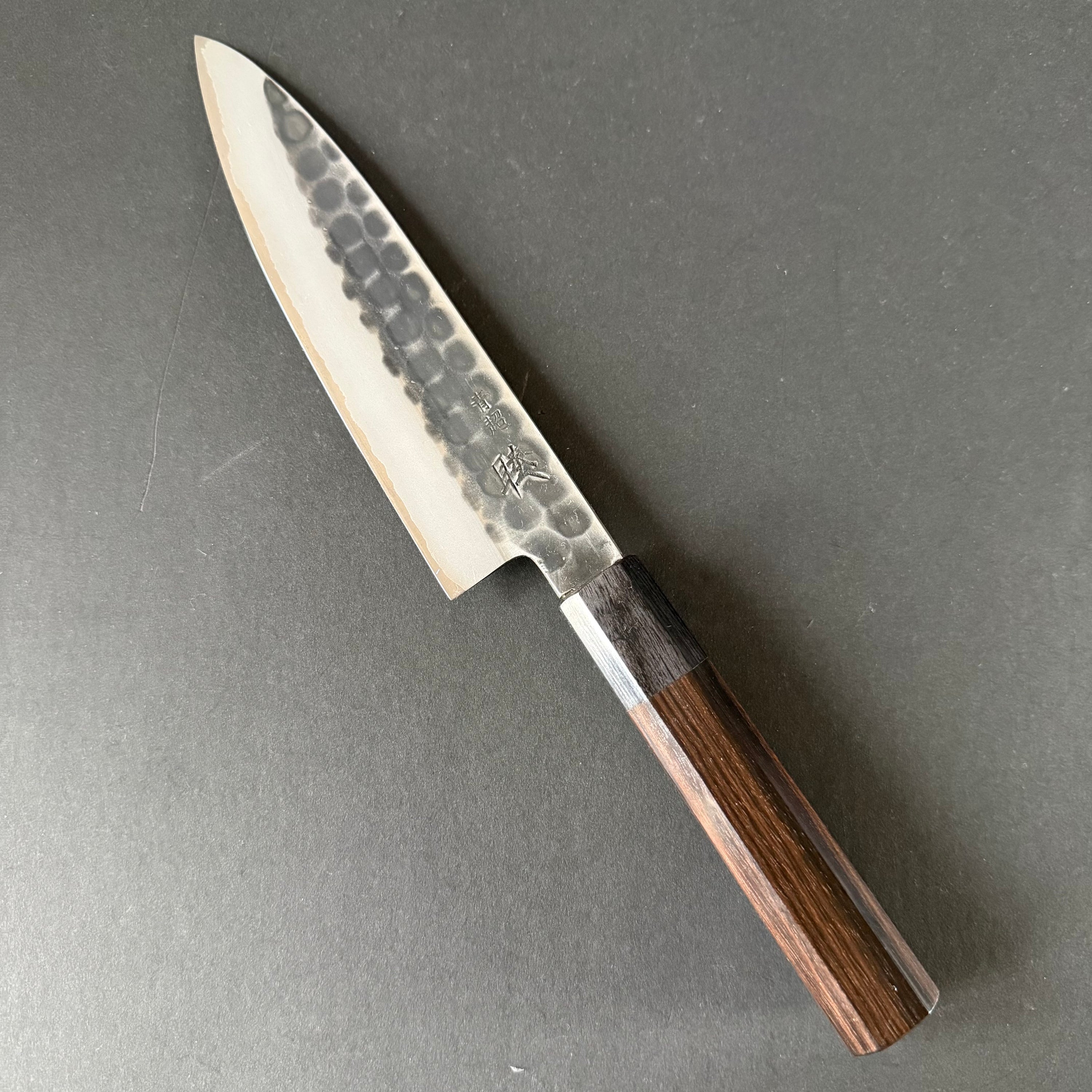Petty knife, Aogami Super with stainless steel cladding, Kurouchi Tsuchime finish - Mutsumi Hinoura
