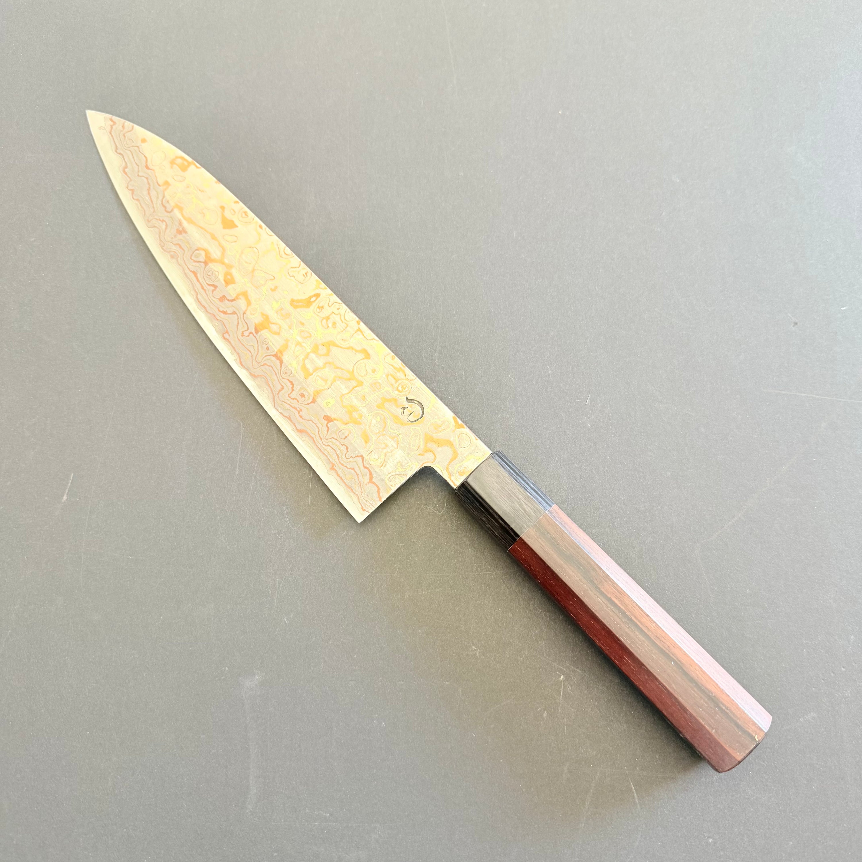 Gyuto knife, V-Toku Carbon Steel, Stainless Steel clad, Coloured Damascus Finish - Mutsumi Hinoura
