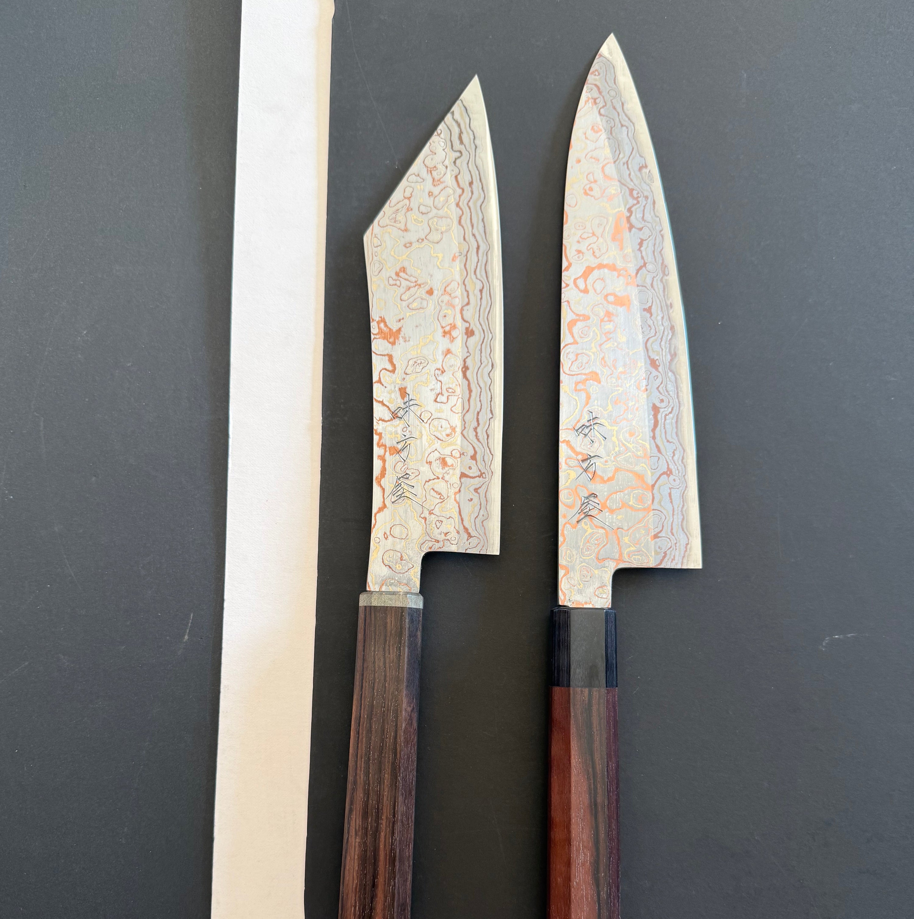 Gyuto knife, V-Toku Carbon Steel, Stainless Steel clad, Coloured Damascus Finish - Mutsumi Hinoura