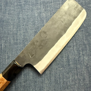 SPECIAL ENGRAVED KNIFE: Tall Nakiri knife, Aogami Super with stainless steel cladding, kurouchi finish - aubergine/tomato/garlic - Kamo