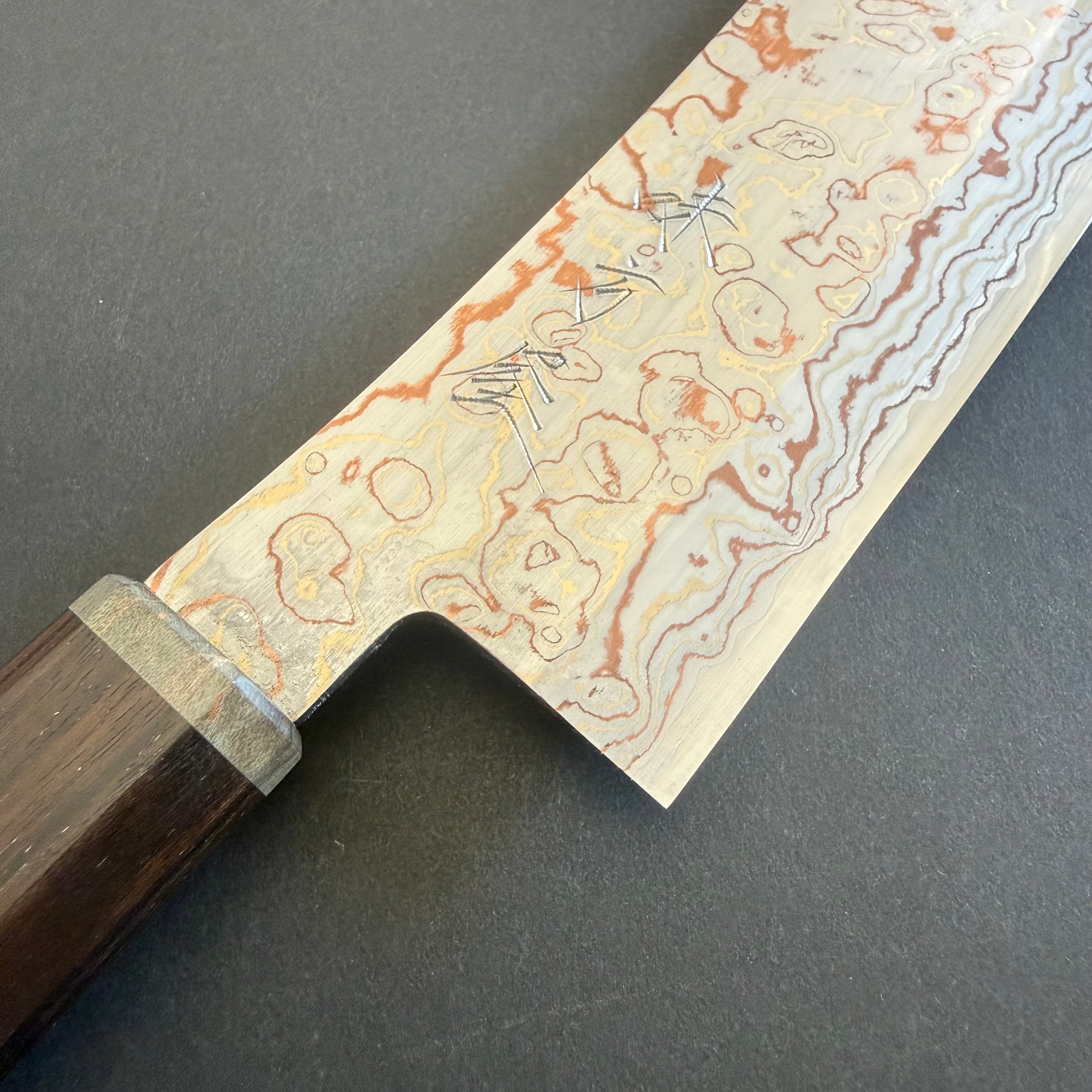 Bunka knife, V-Toku Carbon Steel, Stainless Steel clad, Coloured Damascus Finish - Mutsumi Hinoura