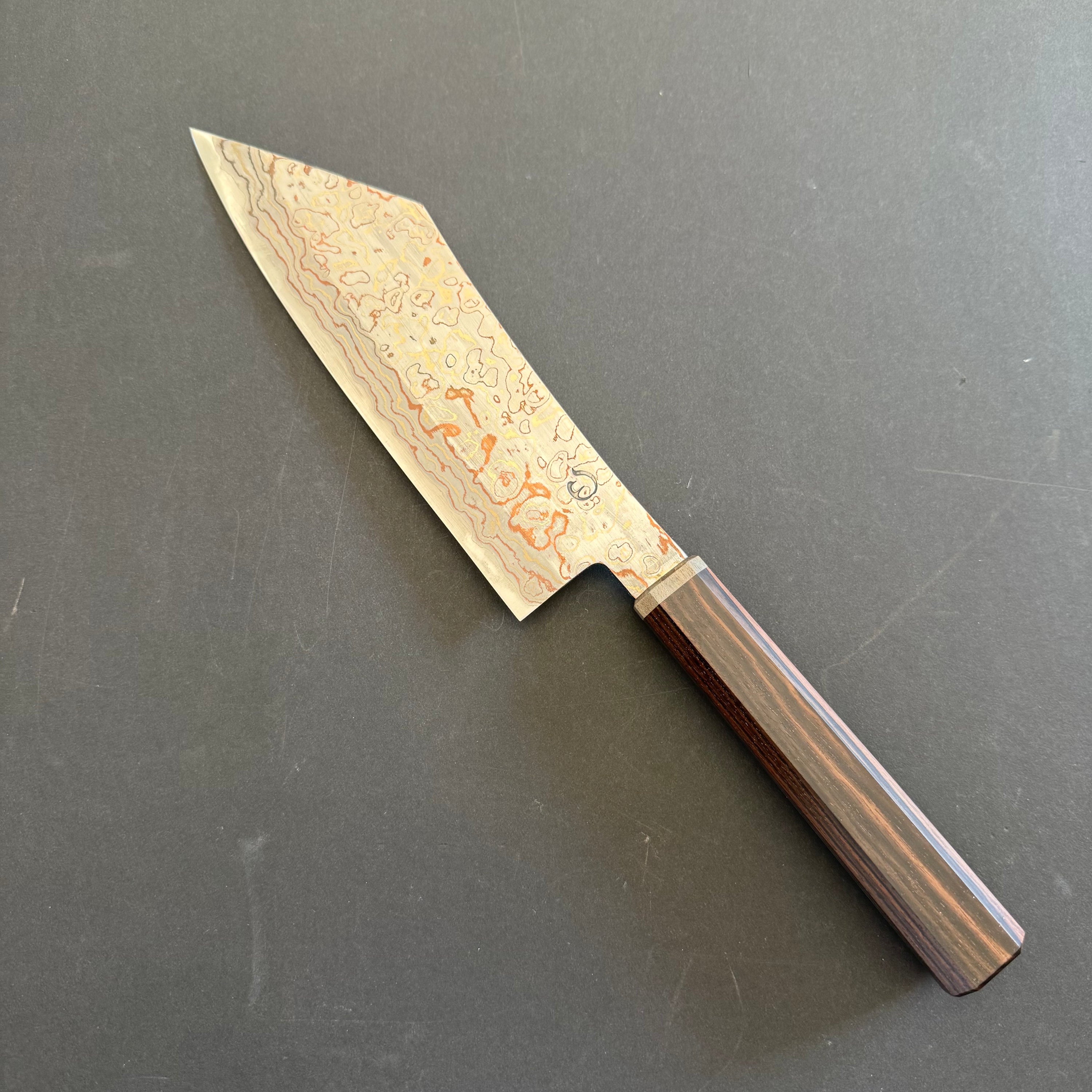Bunka knife, V-Toku Carbon Steel, Stainless Steel clad, Coloured Damascus Finish - Mutsumi Hinoura