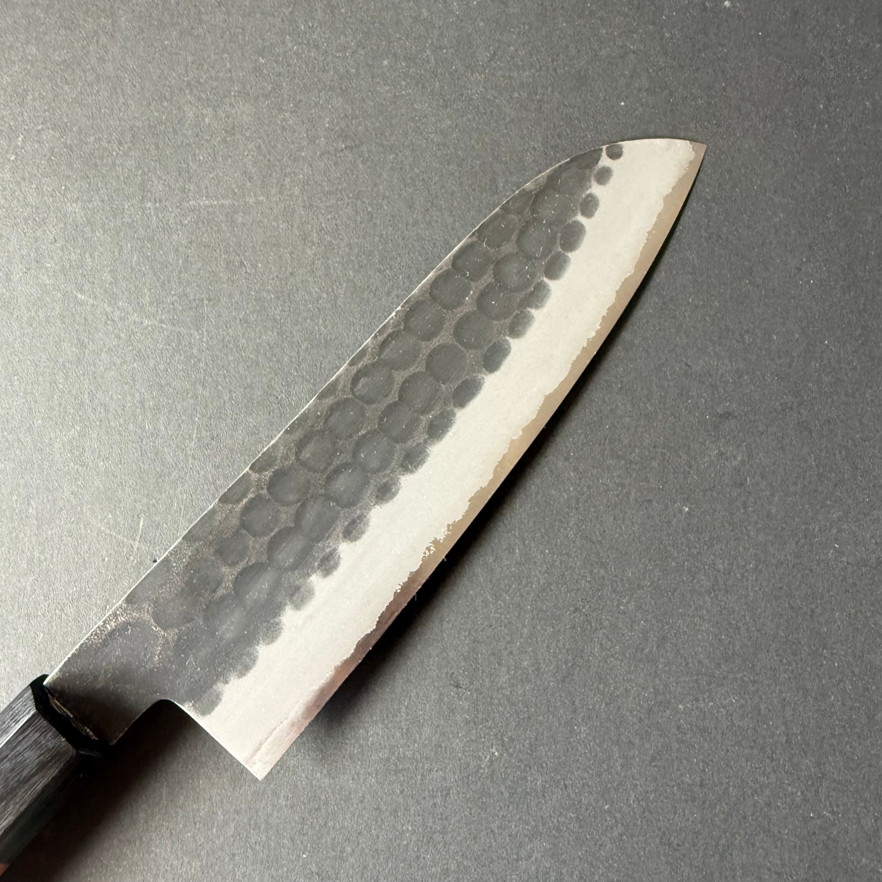 Santoku knife, Aogami Super with stainless steel cladding, Kurouchi Tsuchime finish - Mutsumi Hinoura