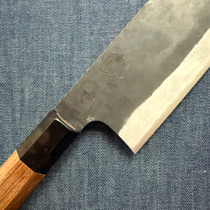 SPECIAL ENGRAVED KNIFE: Tall Nakiri knife, Aogami Super with stainless steel cladding, kurouchi finish - pumpkin/garlic - Kamo