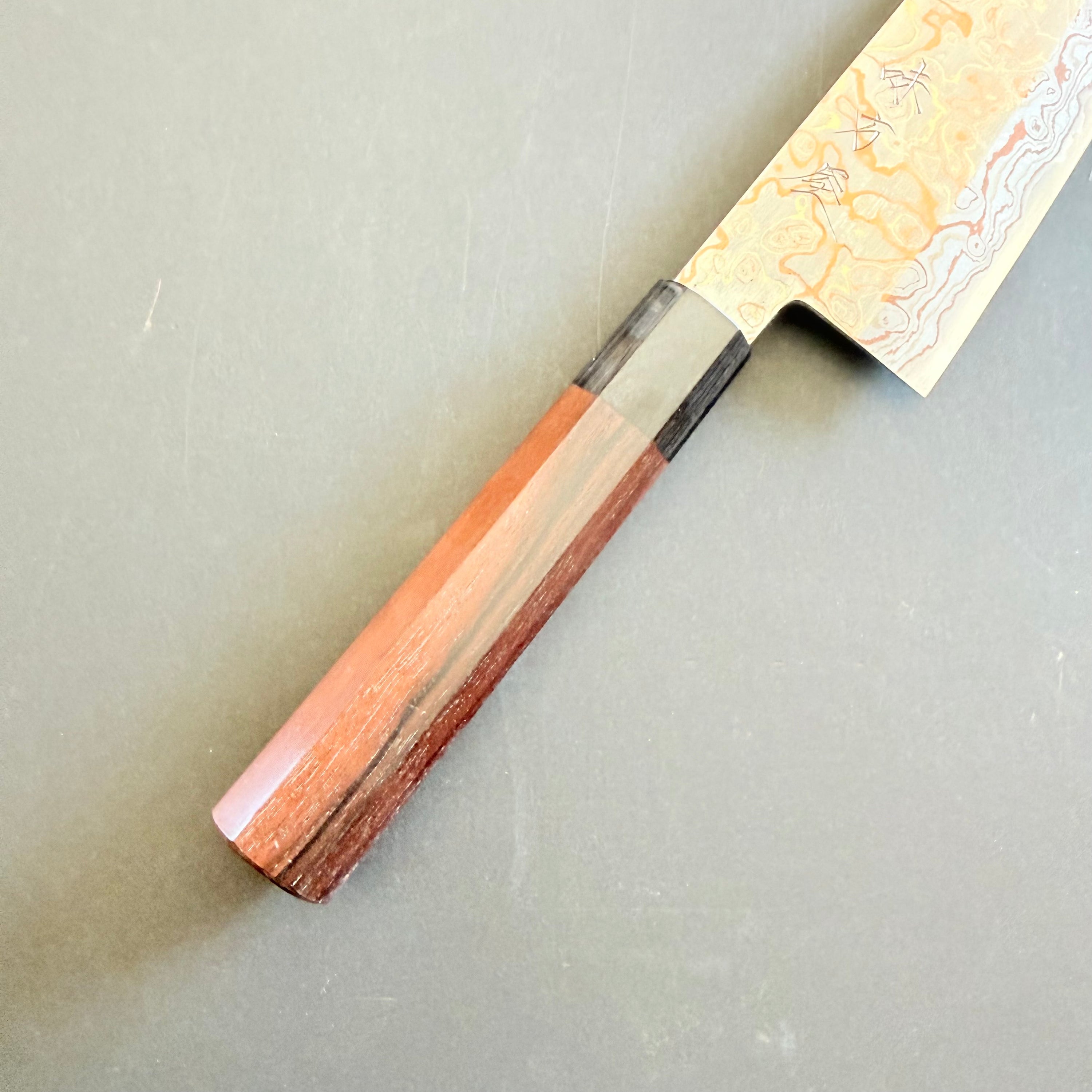 Gyuto knife, V-Toku Carbon Steel, Stainless Steel clad, Coloured Damascus Finish - Mutsumi Hinoura
