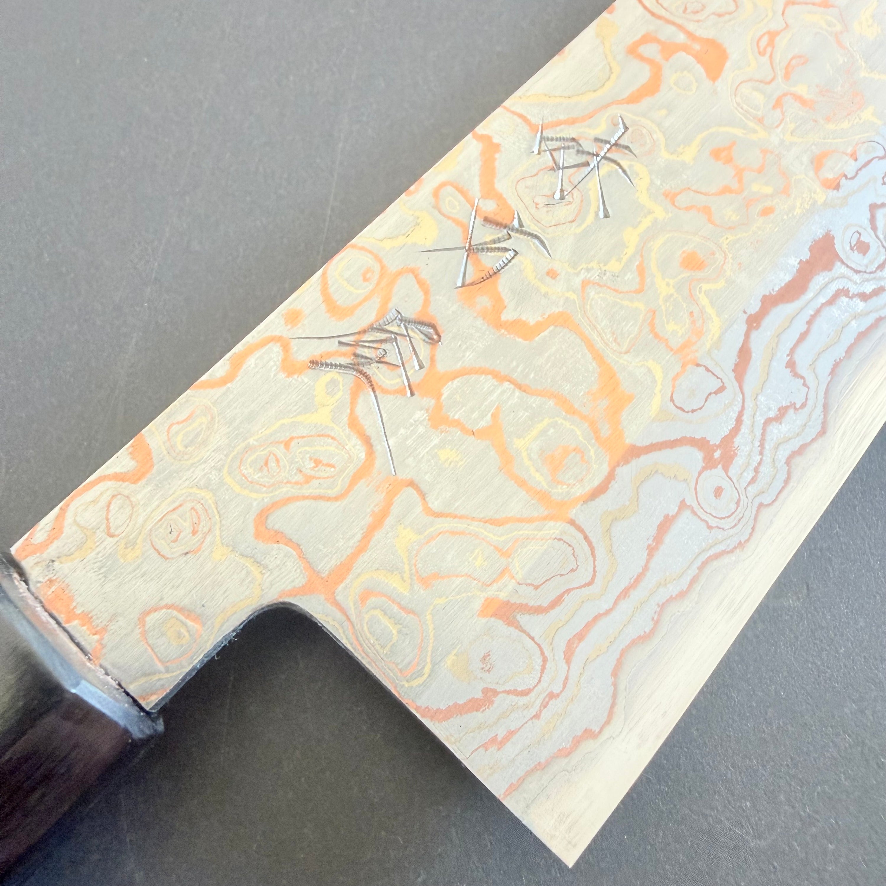 Gyuto knife, V-Toku Carbon Steel, Stainless Steel clad, Coloured Damascus Finish - Mutsumi Hinoura
