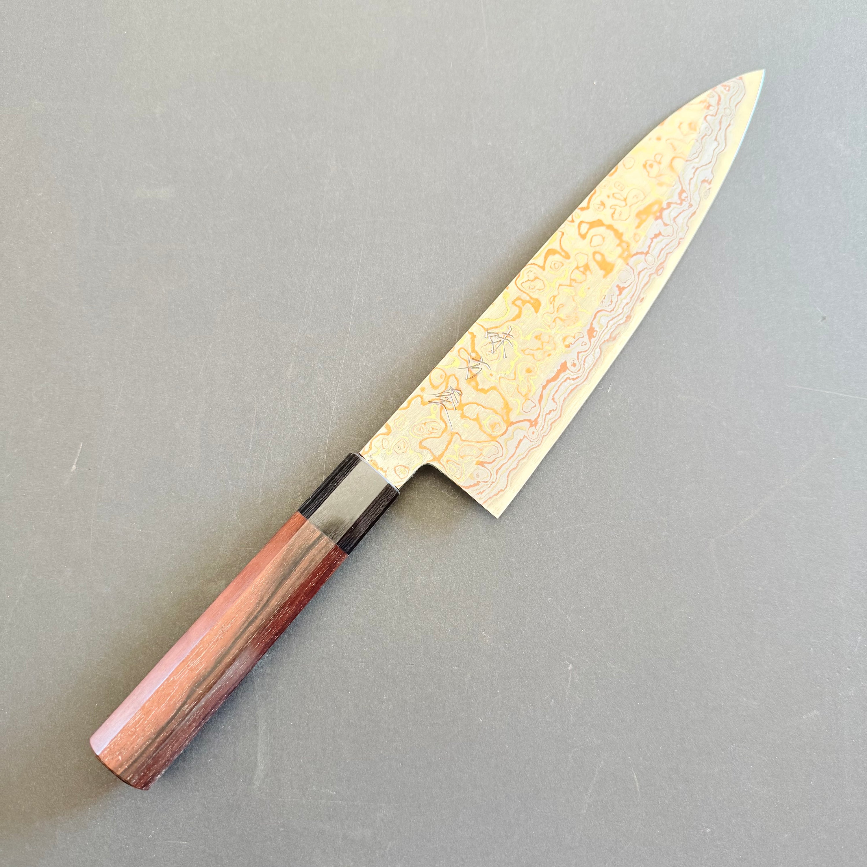 Gyuto knife, V-Toku Carbon Steel, Stainless Steel clad, Coloured Damascus Finish - Mutsumi Hinoura