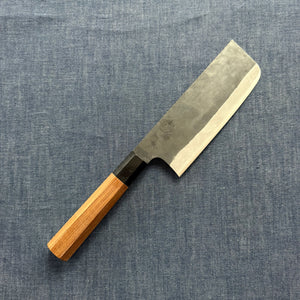 SPECIAL ENGRAVED KNIFE: Tall Nakiri knife, Aogami Super with stainless steel cladding, kurouchi finish - pumpkin/garlic - Kamo