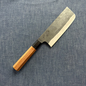 SPECIAL ENGRAVED KNIFE: Tall Nakiri knife, Aogami Super with stainless steel cladding, kurouchi finish - pumpkin/garlic - Kamo