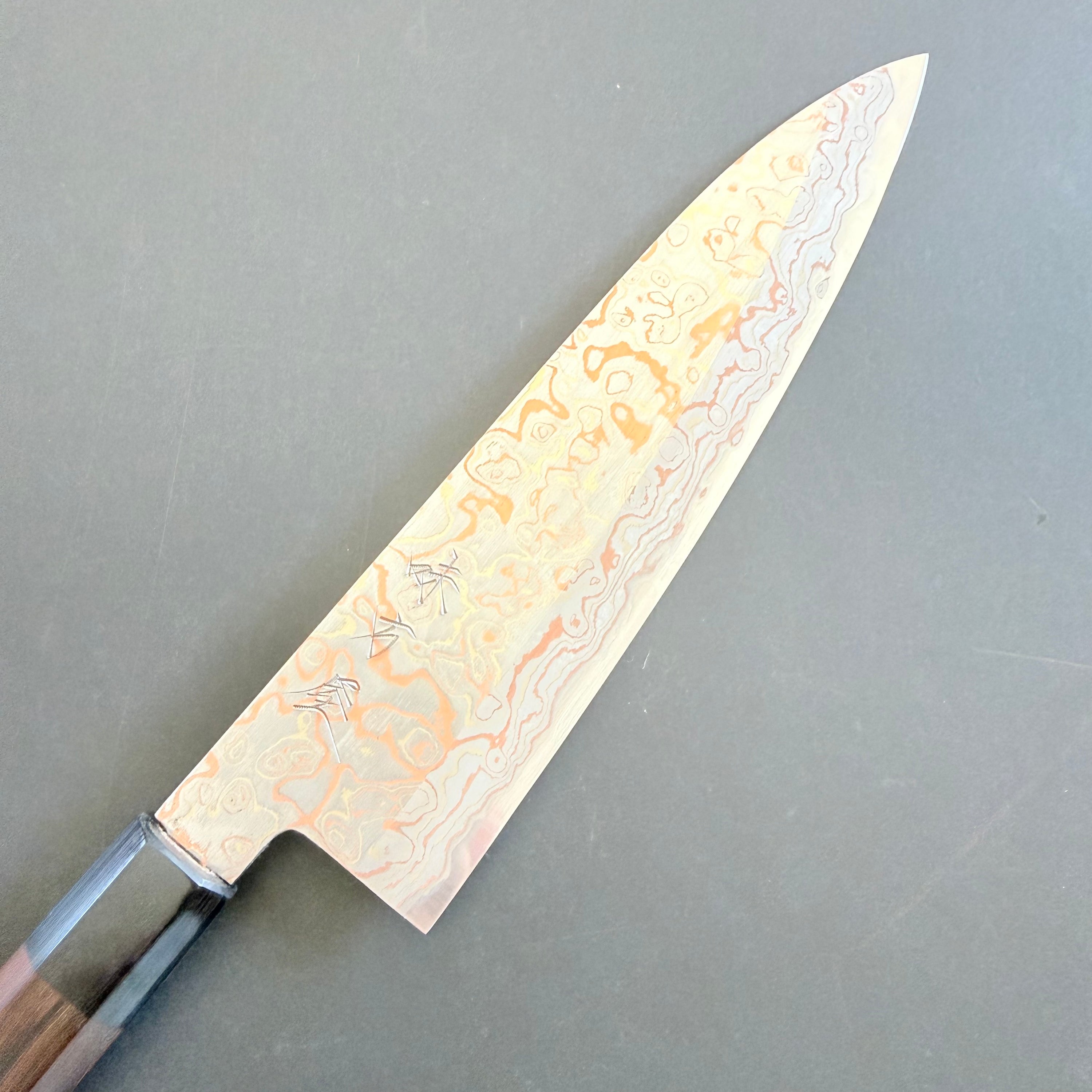 Gyuto knife, V-Toku Carbon Steel, Stainless Steel clad, Coloured Damascus Finish - Mutsumi Hinoura