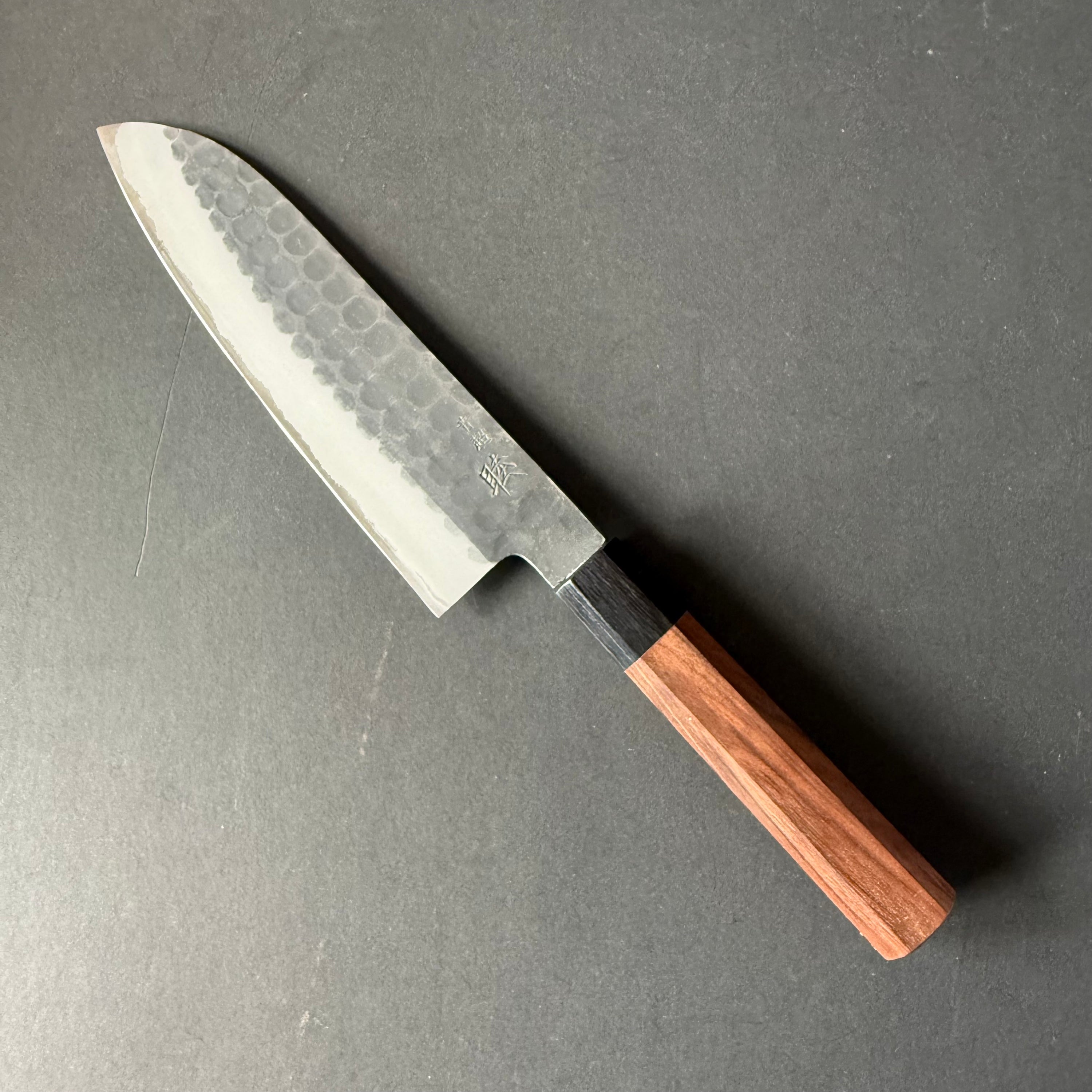 Santoku knife, Aogami Super with stainless steel cladding, Kurouchi Tsuchime finish - Mutsumi Hinoura