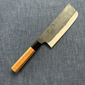 SPECIAL ENGRAVED KNIFE: Tall Nakiri knife, Aogami Super with stainless steel cladding, kurouchi finish - aubergine/tomato/garlic - Kamo