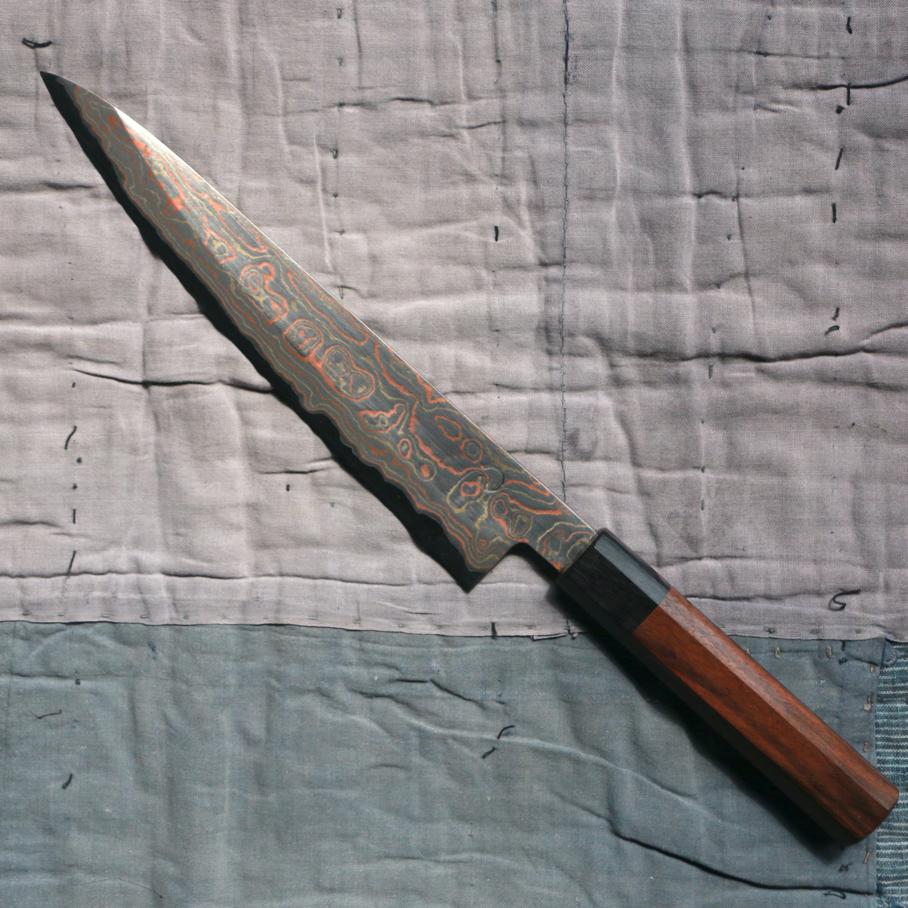 Sujihiki knife, V-Toku Carbon Steel, Stainless Steel clad, Coloured Damascus Finish - Mutsumi Hinoura