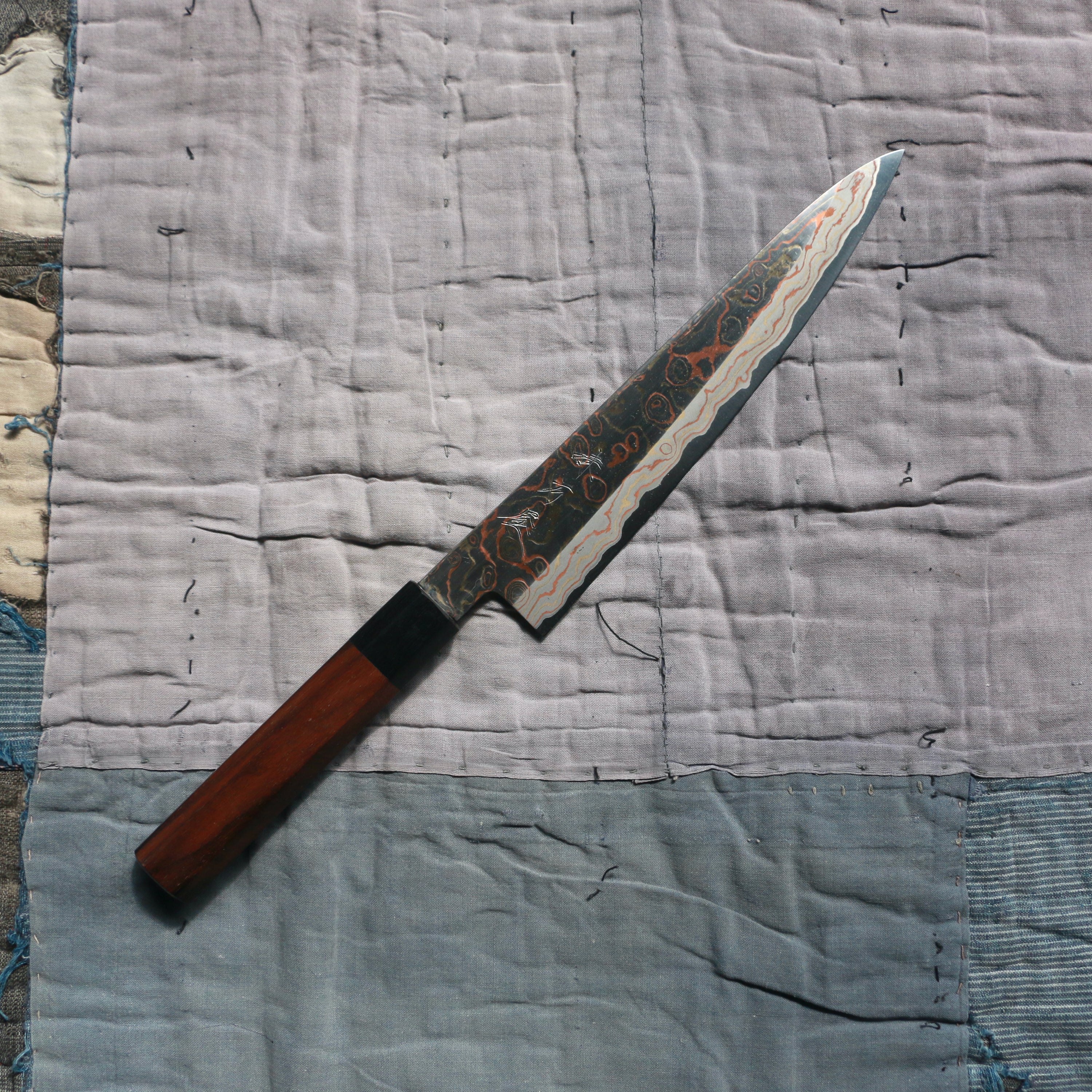Sujihiki knife, V-Toku Carbon Steel, Stainless Steel clad, Coloured Damascus Finish - Mutsumi Hinoura