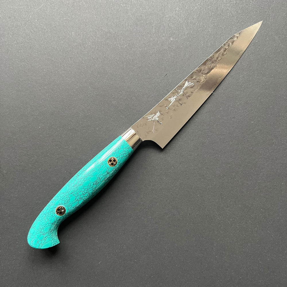 Petty Knife, Senko SG2 Powder Steel, Tsuchime Finish, Western style Turquoise handle - Yu Kurosaki