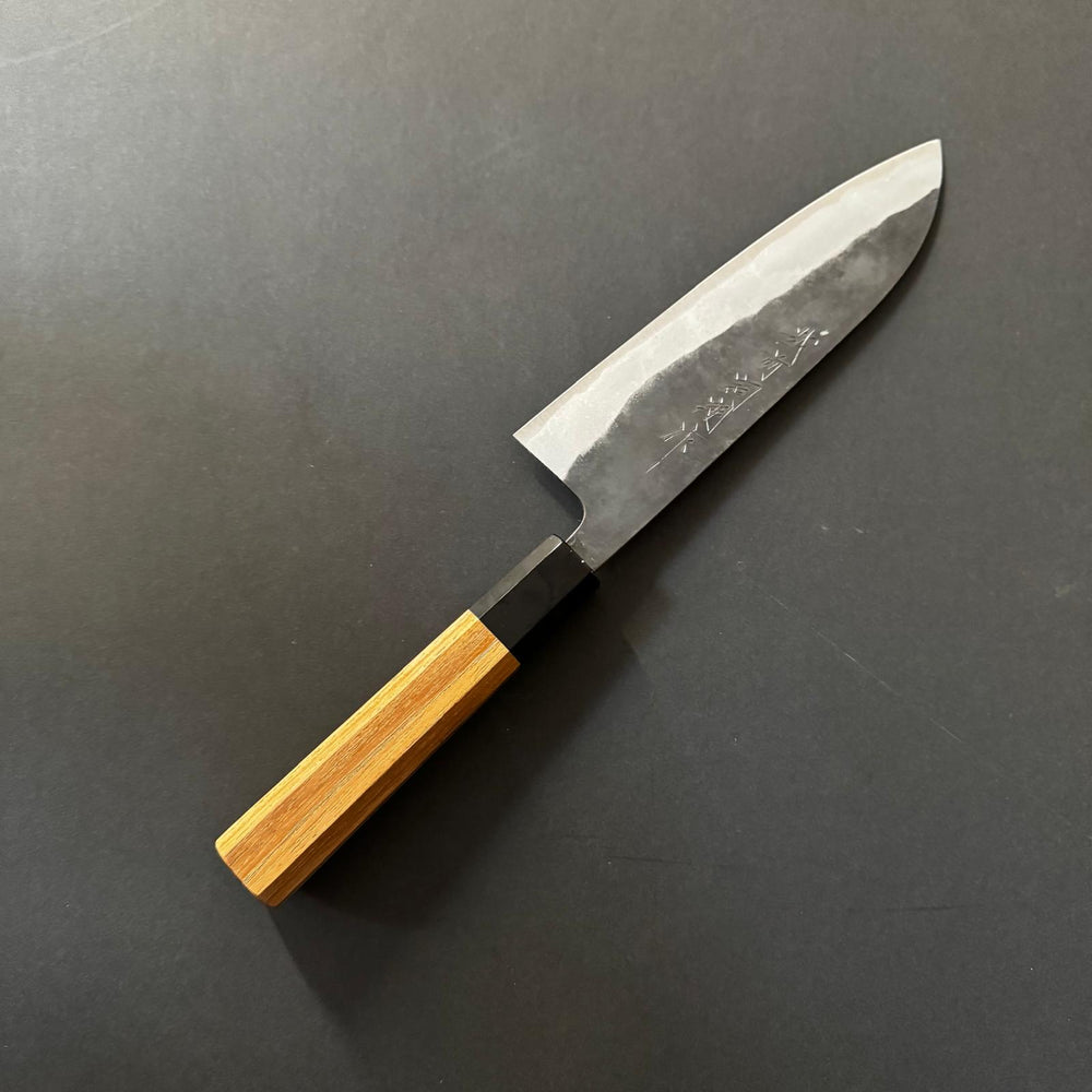 Santoku knife, Aogami super with stainless steel cladding, kurouchi finish - Kamo