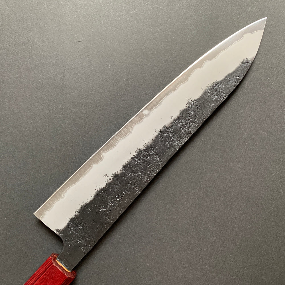 Gyuto knife, Aogami Super Carbon Steel with stainless steel cladding, Kurouchi and Nashiji finish - Tsunehisa