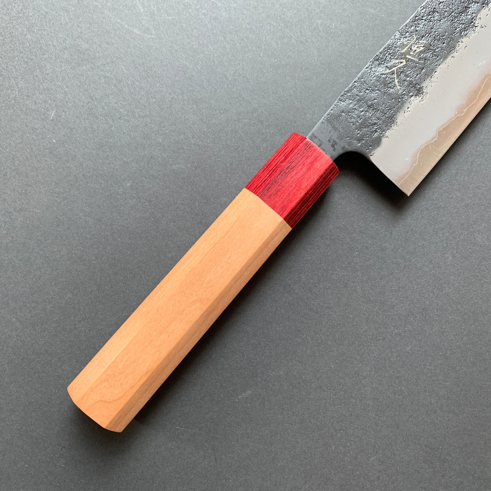 Santoku knife, Aogami Super Carbon Steel with stainless steel cladding, Kurouchi and Nashiji finish - Tsunehisa