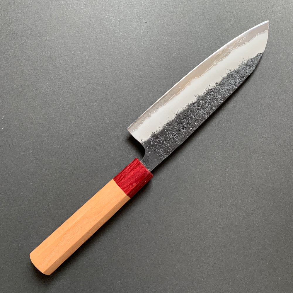 Santoku knife, Aogami Super Carbon Steel with stainless steel cladding, Kurouchi and Nashiji finish - Tsunehisa