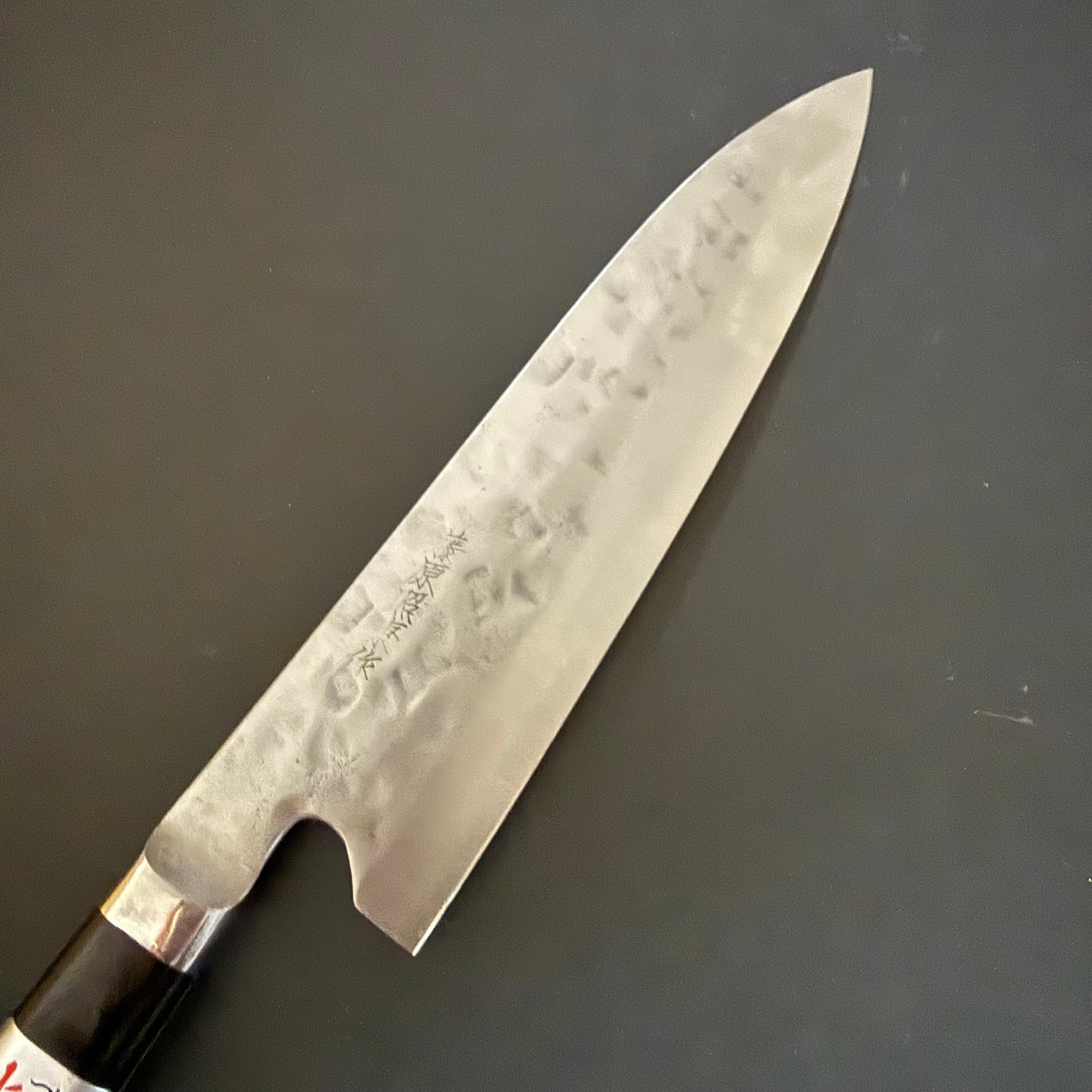 Gyuto knife, Shirogami 1 with stainless steel cladding, nashiji finish, Maboroshi range, western handle - Fujiwara