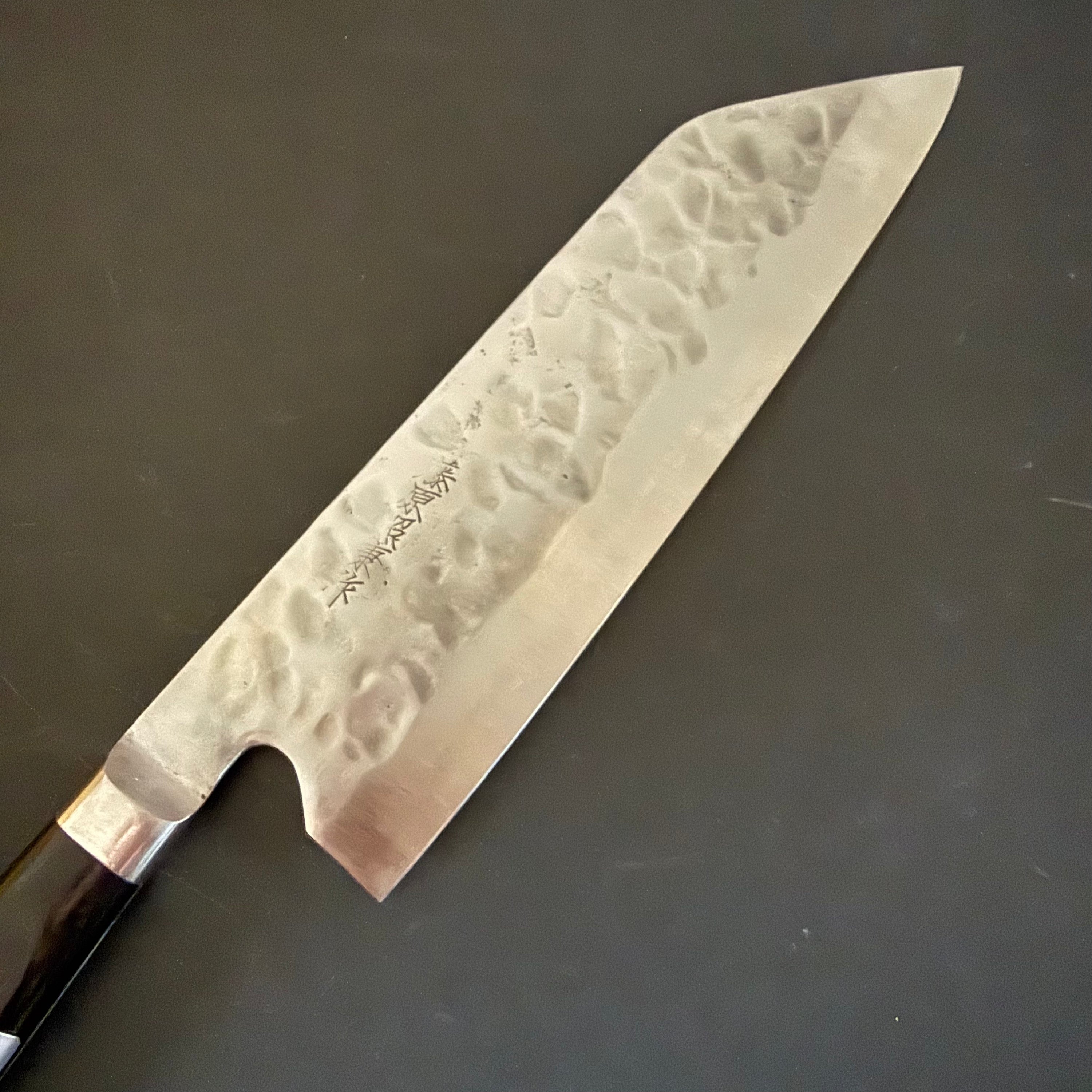Santoku knife, Shirogami 1 with stainless steel cladding, nashiji finish, Maboroshi range, western handle - Fujiwara