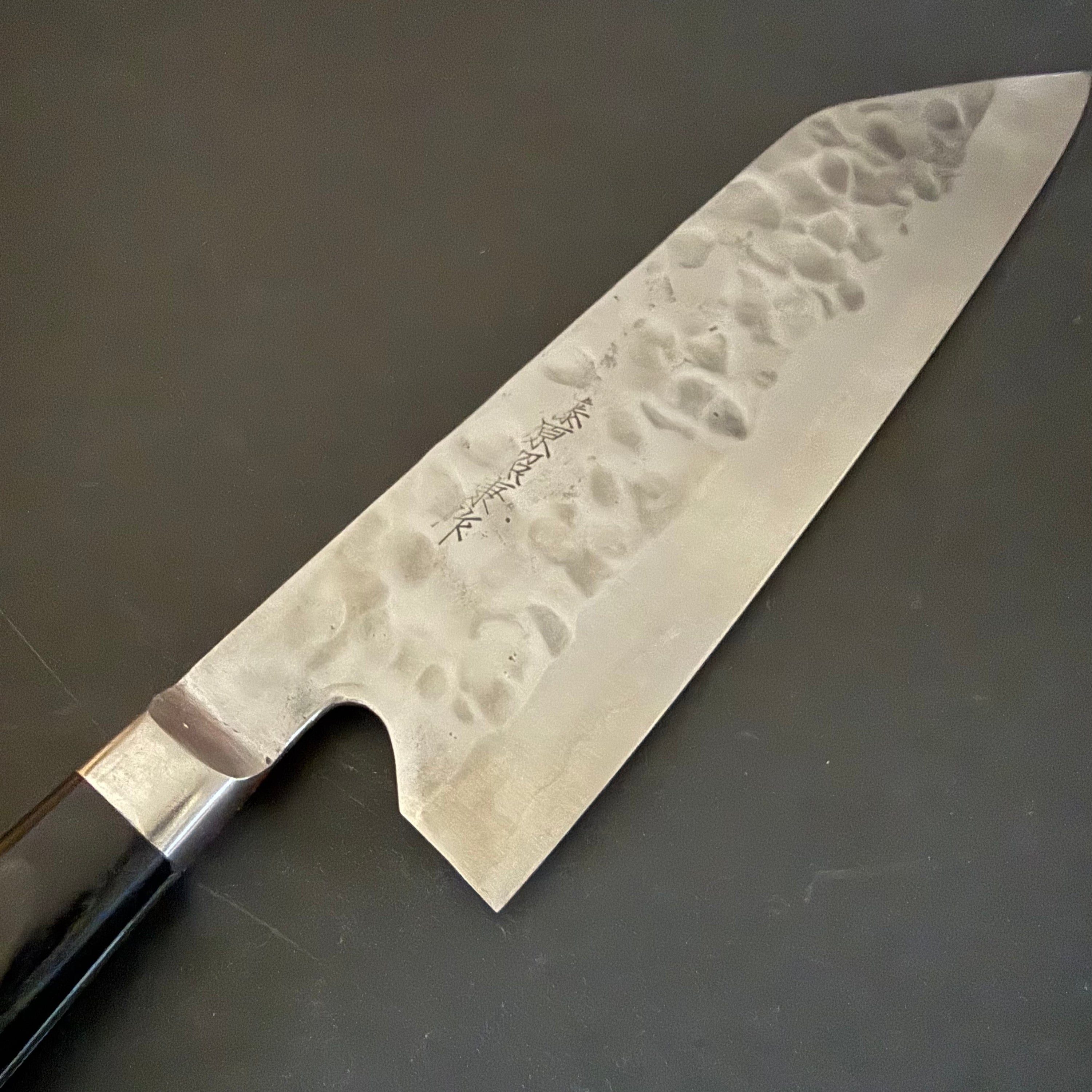 Santoku knife, Shirogami 1 with stainless steel cladding, nashiji finish, Maboroshi range, western handle - Fujiwara