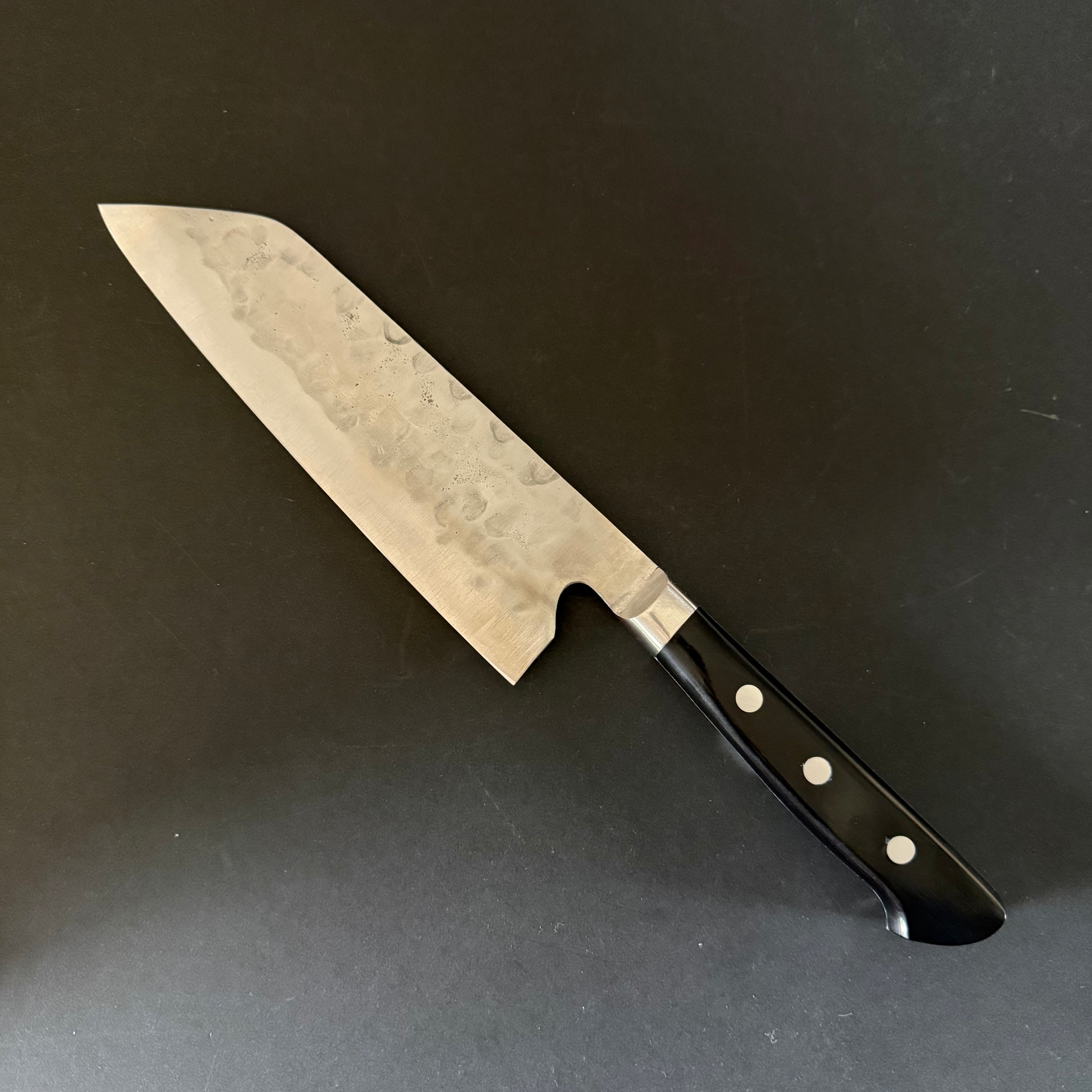 Santoku knife, Shirogami 1 with stainless steel cladding, nashiji finish, Maboroshi range, western handle - Fujiwara