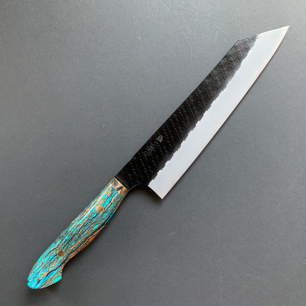 Kiritsuke Gyuto knife, SG2 powder steel, Kurouchi and Tsuchime finish, Turquoise handle - Nigara