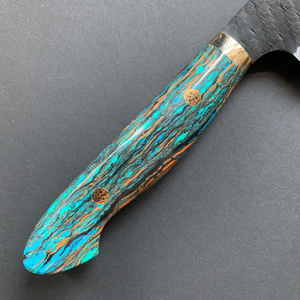 Kiritsuke Gyuto knife, SG2 powder steel, Kurouchi and Tsuchime finish, Turquoise handle - Nigara
