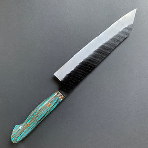 Kiritsuke Gyuto knife, SG2 powder steel, Kurouchi and Tsuchime finish, Turquoise handle - Nigara