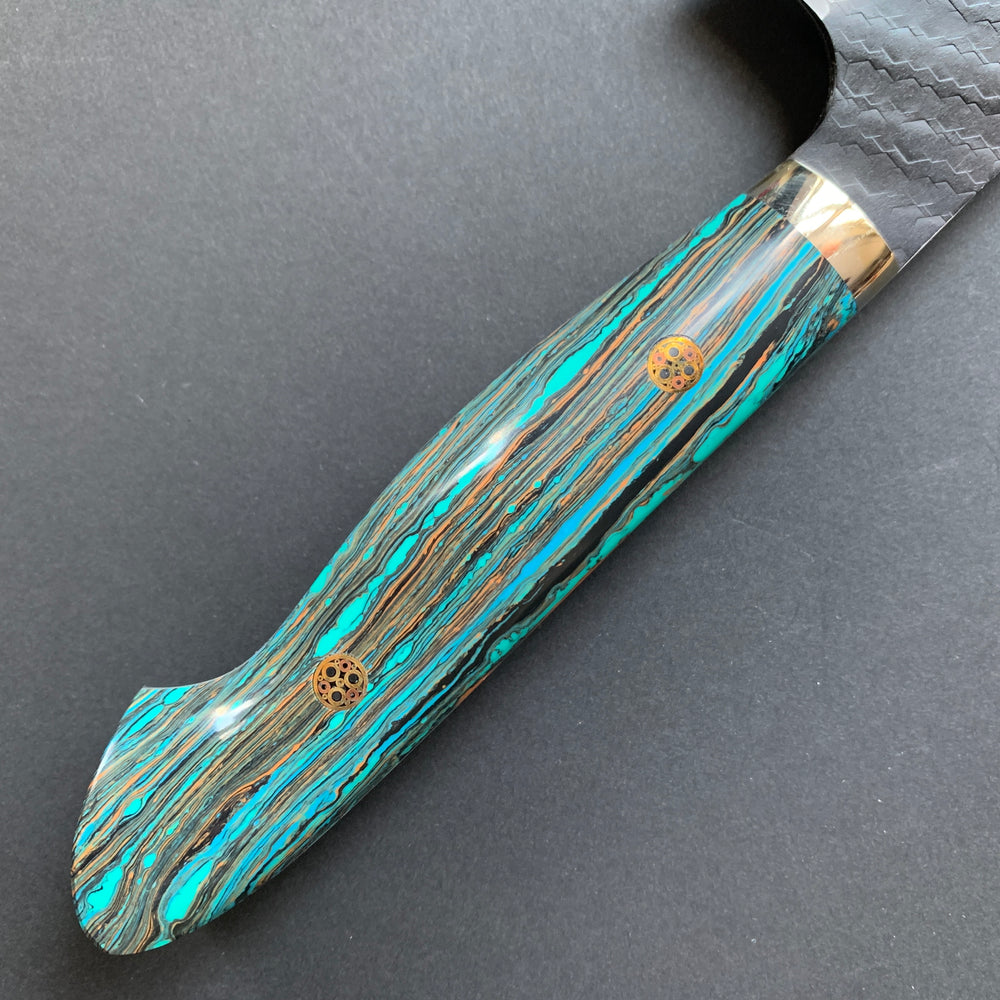 Kiritsuke Gyuto knife, SG2 powder steel, Kurouchi and Tsuchime finish, Turquoise handle - Nigara