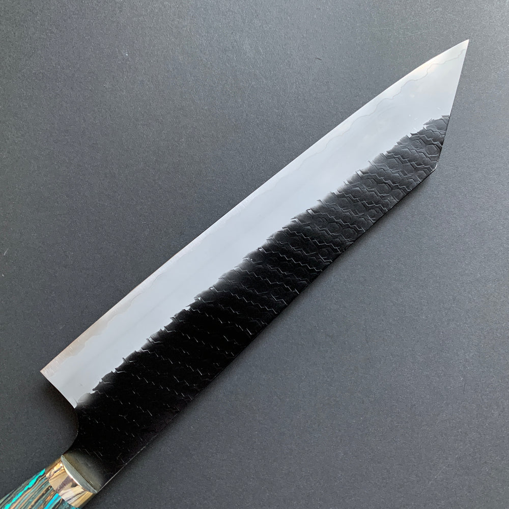 Kiritsuke Gyuto knife, SG2 powder steel, Kurouchi and Tsuchime finish, Turquoise handle - Nigara
