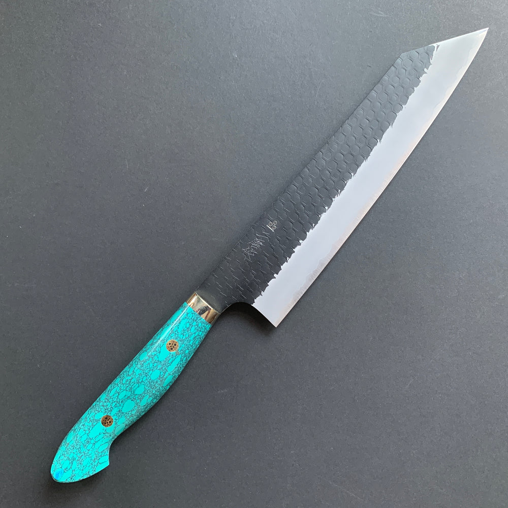 Kiritsuke Gyuto knife, SG2 powder steel, Kurouchi and Tsuchime finish, Turquoise handle - Nigara