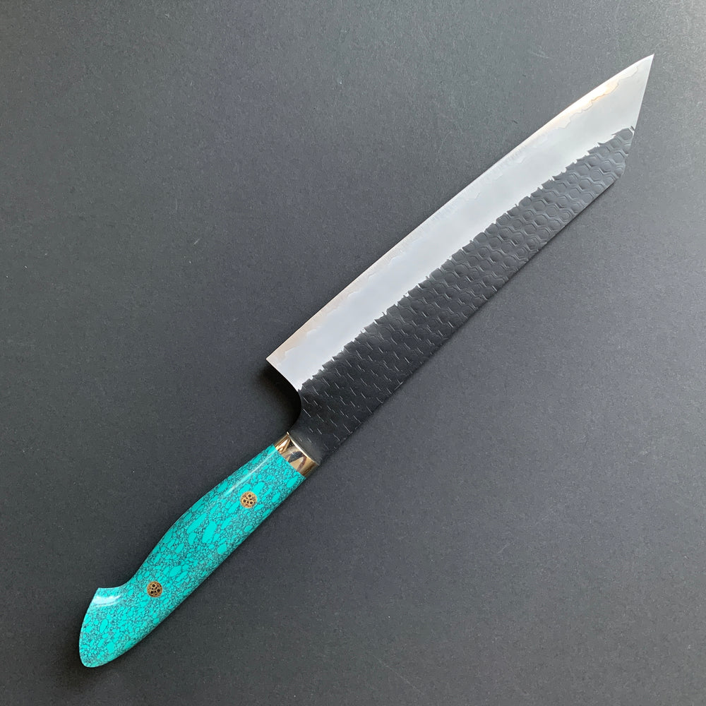 Kiritsuke Gyuto knife, SG2 powder steel, Kurouchi and Tsuchime finish, Turquoise handle - Nigara