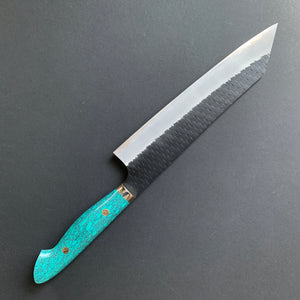 Kiritsuke Gyuto knife, SG2 powder steel, Kurouchi and Tsuchime finish, Turquoise handle - Nigara