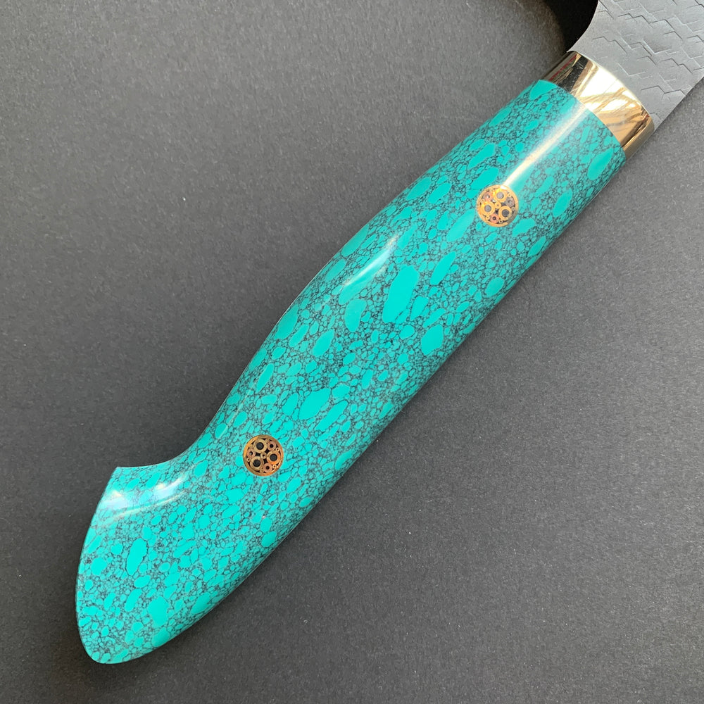 Kiritsuke Gyuto knife, SG2 powder steel, Kurouchi and Tsuchime finish, Turquoise handle - Nigara