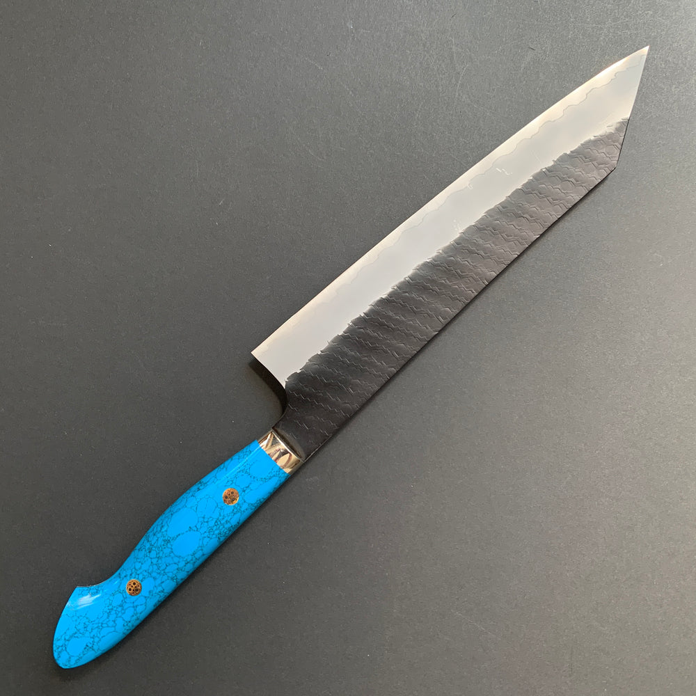 Kiritsuke Gyuto knife, SG2 powder steel, Kurouchi and Tsuchime finish, Turquoise handle - Nigara