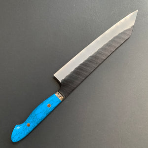 Kiritsuke Gyuto knife, SG2 powder steel, Kurouchi and Tsuchime finish, Turquoise handle - Nigara