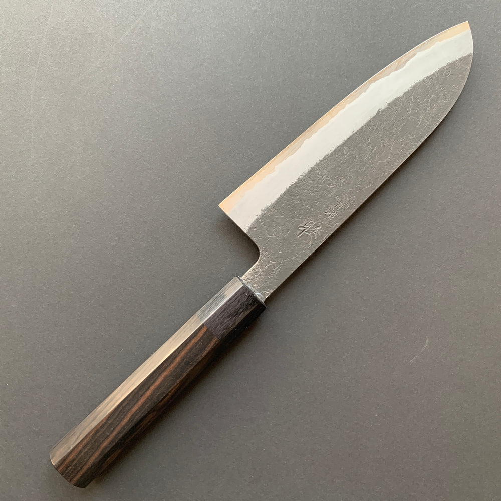 Santoku knife, Aogami Super with stainless steel cladding, Kurouchi Nashiji finish - Mutsumi Hinoura