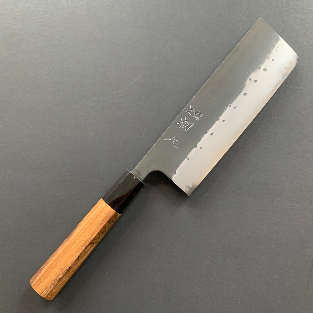 Nakiri knife, Aogami super with iron cladding, Damascus Kurouchi finish, Shinkiro range - Hatsukokoro