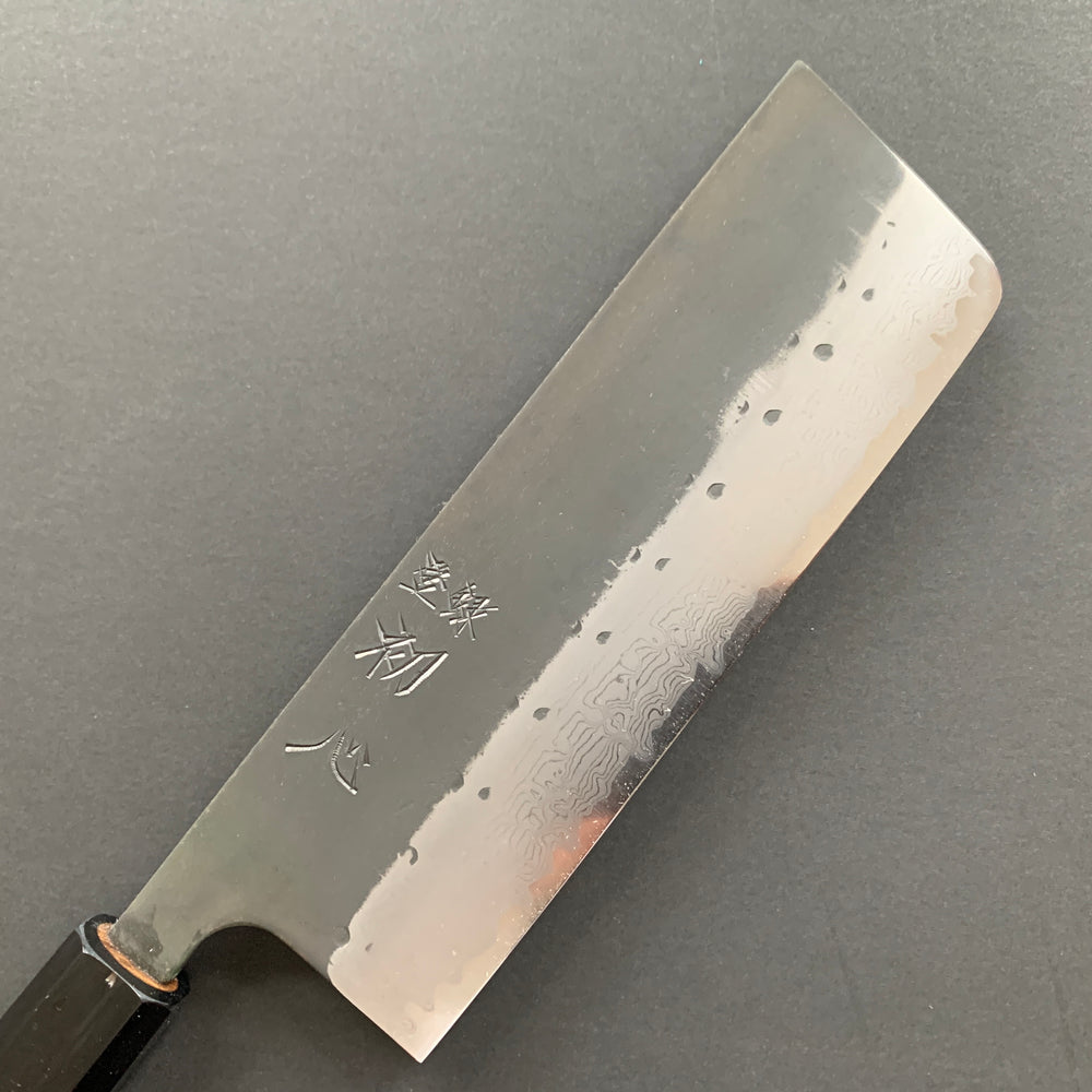 Nakiri knife, Aogami super with iron cladding, Damascus Kurouchi finish, Shinkiro range - Hatsukokoro