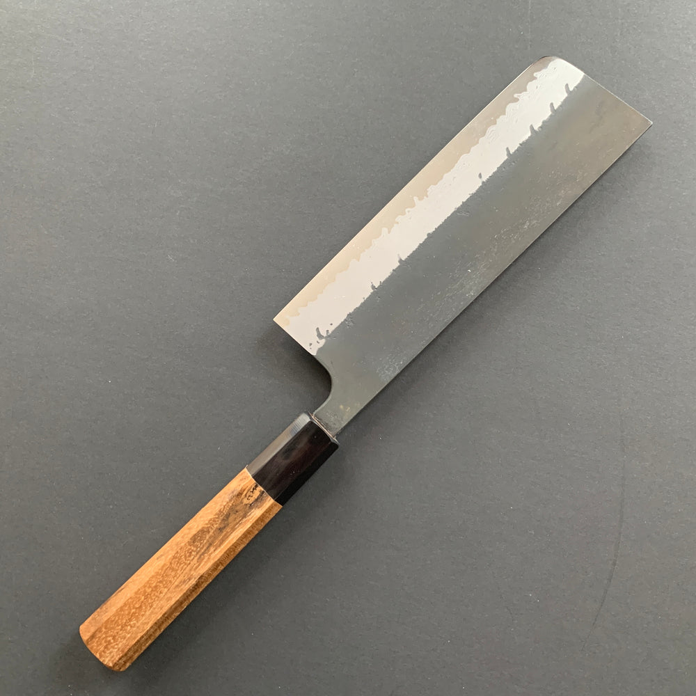 Nakiri knife, Aogami super with iron cladding, Damascus Kurouchi finish, Shinkiro range - Hatsukokoro