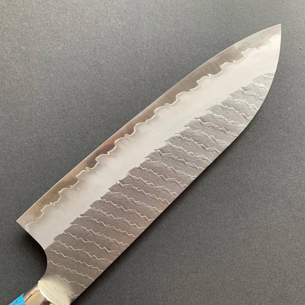 Santoku knife, SG2 powder steel, tsuchime finish, Western style Turquoise handle - Nigara